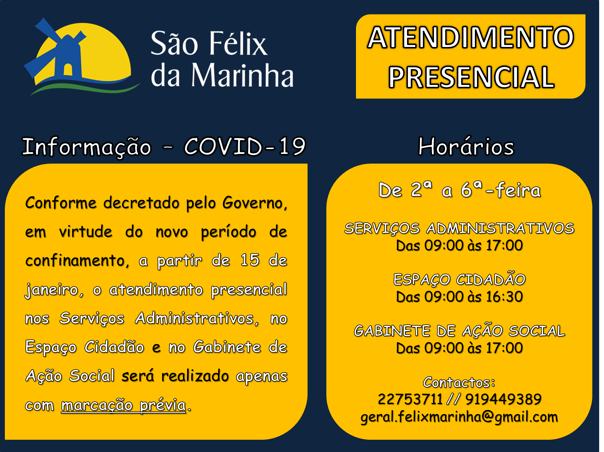 Horários em vigor - Serviços Administrativos, Espaço Cidadão e Gabinete de Ação Social